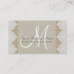Vintage Linen Lace Gold Monogram Logo Business Card