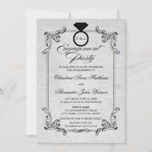 Vintage Linen Look and Ornament Engagement Party Invitation