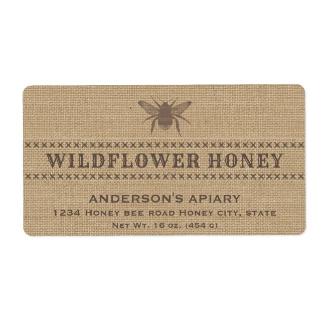 Vintage linen rustic  bee honey jar label (Front)