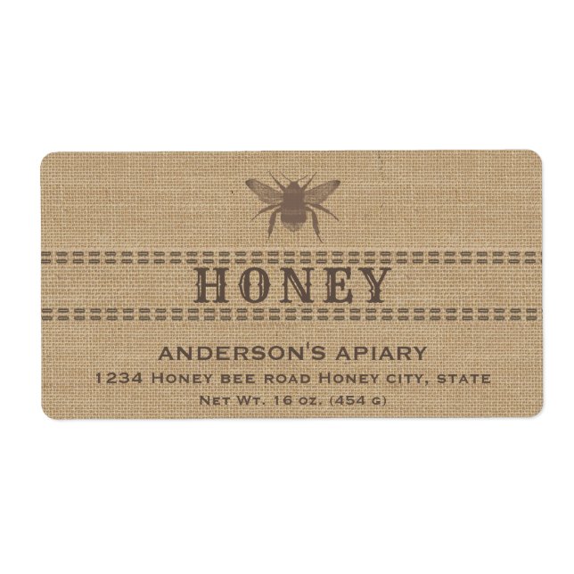Vintage linen rustic  bee honey jar label (Front)
