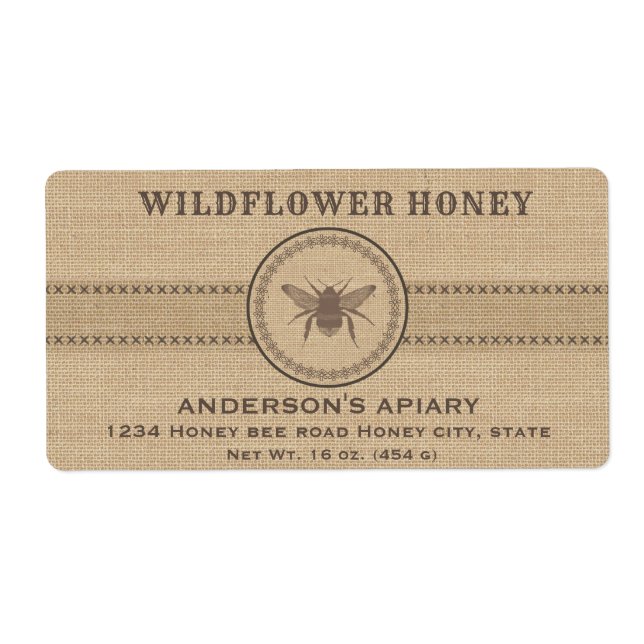 Vintage linen rustic  bee honey jar label (Front)