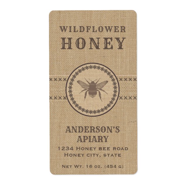 Vintage linen rustic  bee honey jar label (Front)