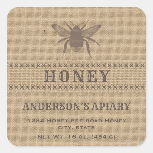 Vintage linen rustic  bee honey jar label (Front)