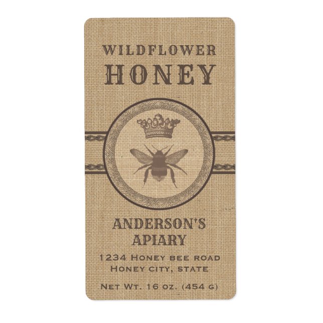 Vintage linen rustic queen bee honey jar label (Front)