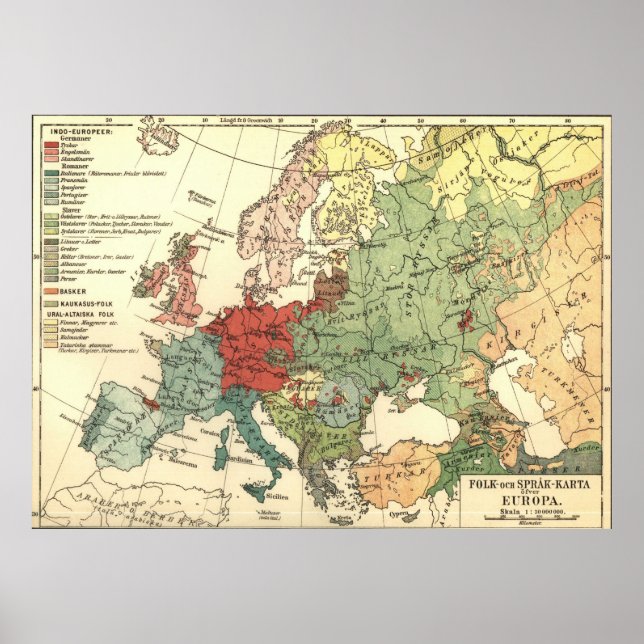 Vintage Linguistic Map of Europe (1907) Poster (Front)