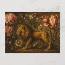 Vintage Lion and Botanical Garden Oil Painting