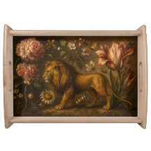 Vintage Lion and Botanical Garden Oil Painting