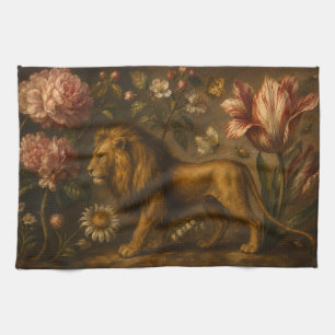 Vintage Lion and Botanical Garden Oil Painting Tea Towel