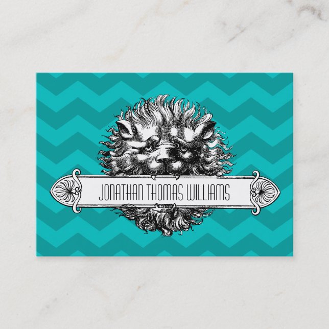 Vintage Lion & Blue Chevron Modern Business Card (Front)