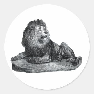Vintage lion drawing sitting on rock animal classic round sticker