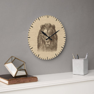 Vintage Lion Illustration on Burlap   Large Clock