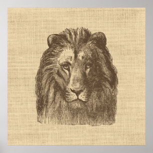 Vintage Lion Illustration on Burlap   Poster