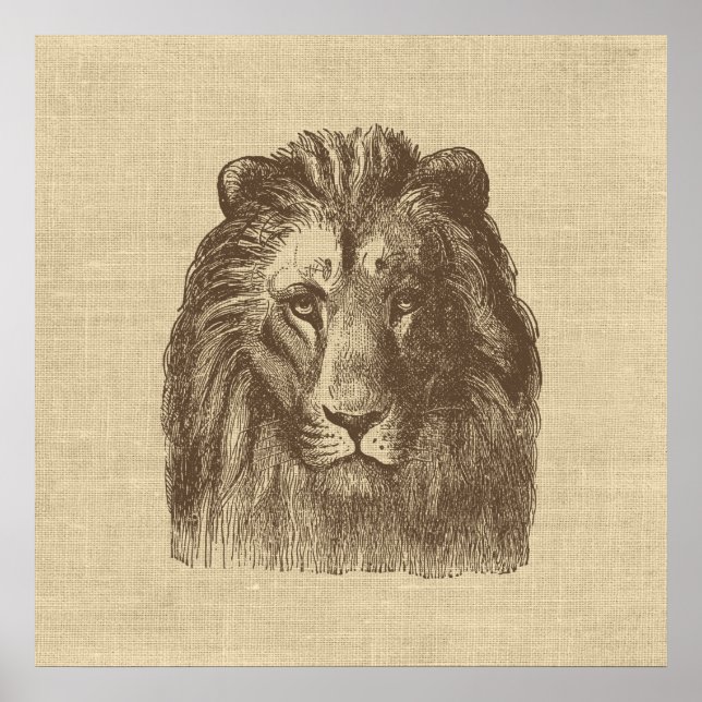 Vintage Lion Illustration on Burlap   Poster (Front)