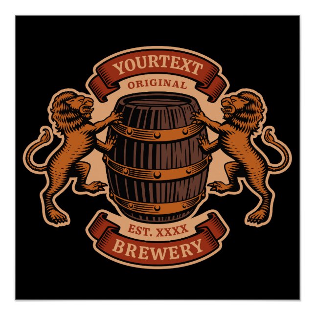 Vintage Lion Oak Barrel Personalised Brewery Beer Poster (Front)