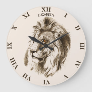 Vintage Lion With Orange Eyes Transparent Drawing Large Clock