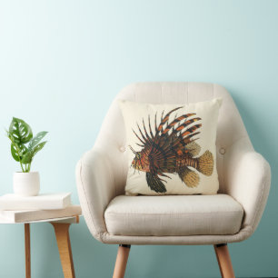 Vintage Lionfish Fish, Marine Ocean Life Animal Cushion