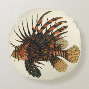 Vintage Lionfish Fish, Marine Ocean Life Animal Round Cushion