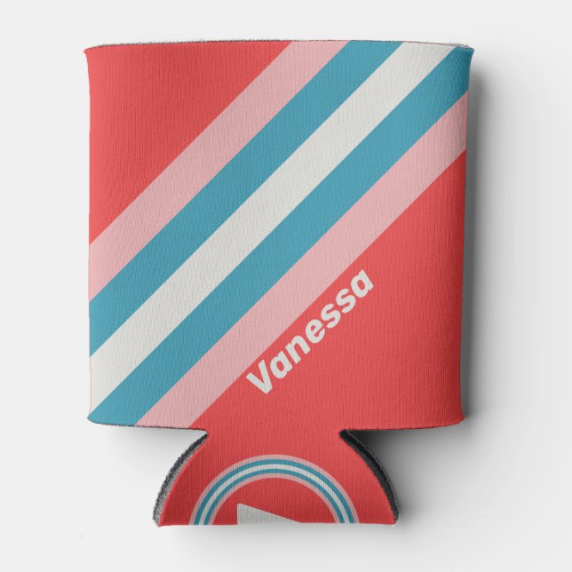 Vintage Lipstick Stripes with Name Can Cooler (Front)