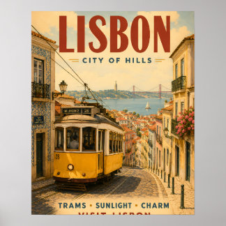 Vintage Lisbon City of Hills Travel Poster with Ic