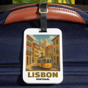 Vintage Lisbon Portugal Retro Tram Street Scene Luggage Tag