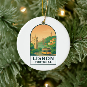 Vintage Lisbon Portugal Retro Travel City Ceramic Tree Decoration
