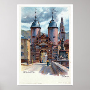 Vintage Litho Heidelberg Old Bridge Gate Poster