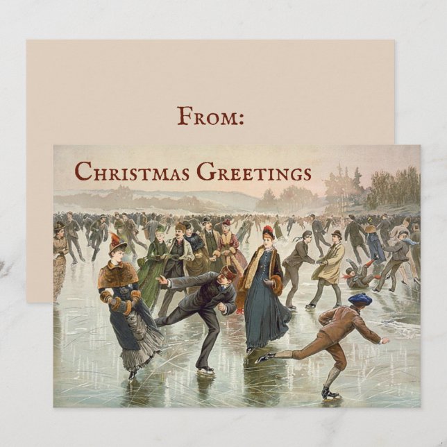 Vintage Lithograph of Ice Skaters Christmas  Holiday Card (Front/Back)