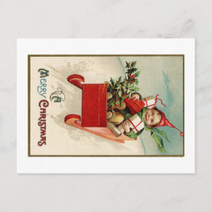 Vintage Lithograph of Young Boy in Sled with Gifts Postcard