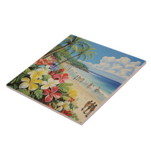 Vintage lithograph tropical art tile