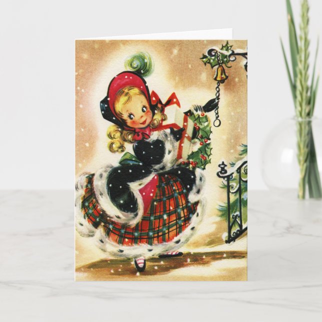 Vintage Little Blonde Girl With Gifts Holiday Card (Front)