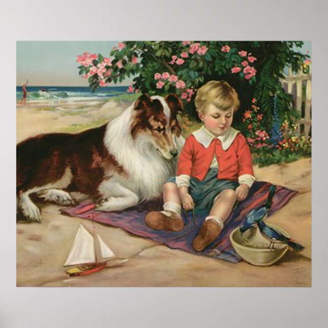 Vintage Little Boy, Collie and Bluebirds Poster (Front)