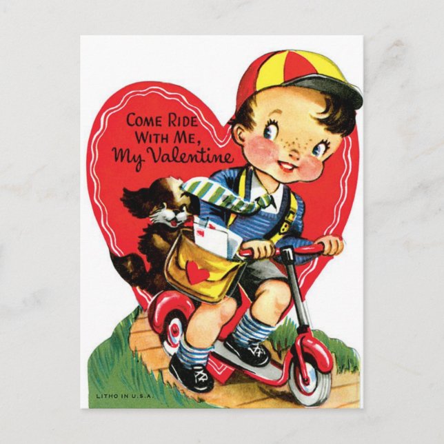 Vintage Little Boy & Dog on Scooter Valentine Postcard (Front)