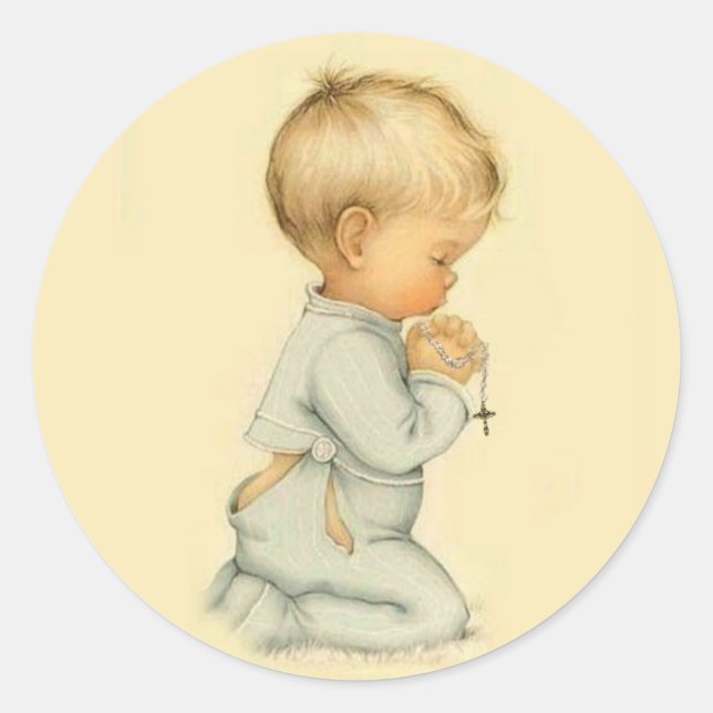 Vintage Little Boy Praying Rosary Classic Round Sticker (Front)