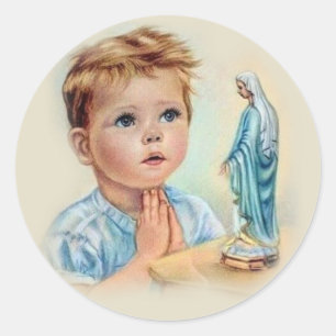 Vintage little boy praying to Blessed Virgin Mary Classic Round Sticker