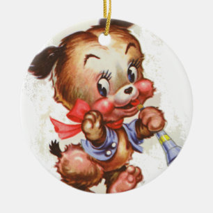 Vintage little boy puppy with horn ceramic tree decoration