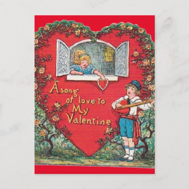 Vintage Little Boy Serenades Little Girl Valentine Postcard (Front)