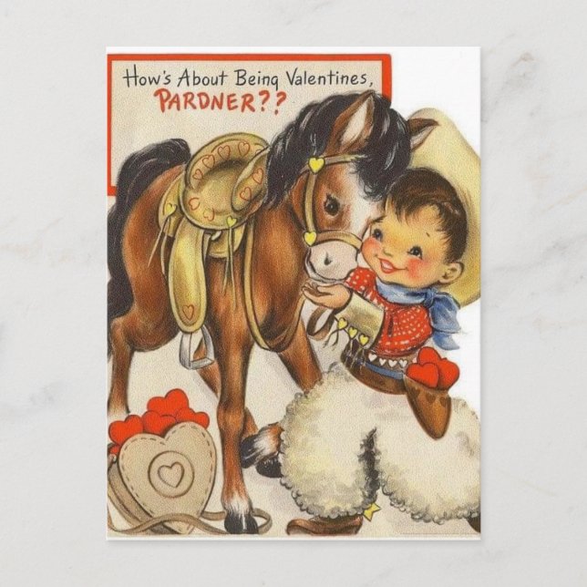 Vintage Little Cowboy & Cute Pony Valentine Card (Front)