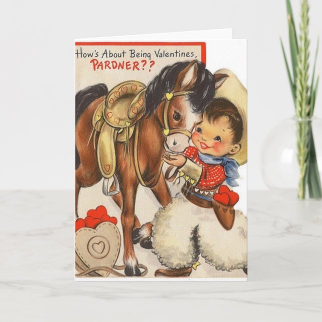 Vintage Little Cowboy & Cute Pony Valentine Card (Front)