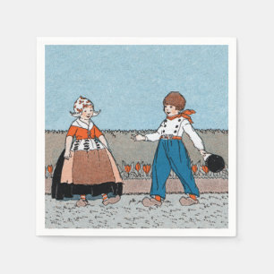 Vintage Little Dutch Girl Boy Traditional Dress Napkin