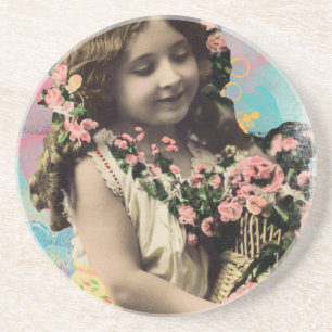 Vintage Little Girl and Flowers Coaster