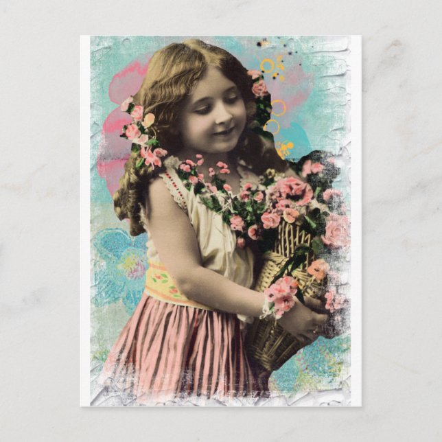Vintage Little Girl and Flowers Postcard (Front)