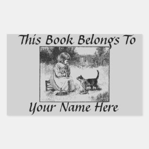 Vintage Little Girl and Kitten Book Name Plate Rectangular Sticker