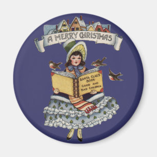 Vintage Little Girl and Xmas Santa Claus Book Magnet