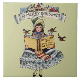 Vintage Little Girl and Xmas Santa Claus Book Tile