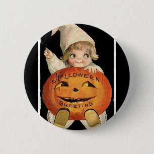 Vintage Little Girl Big Halloween Pumpkin Round 6 Cm Round Badge