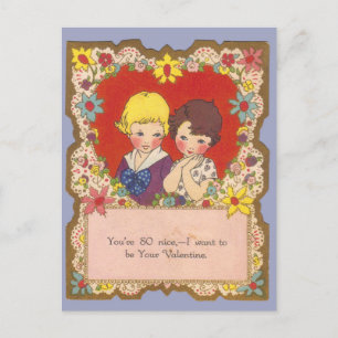 Vintage Little Girl & Boy in Heart Valentine  Postcard