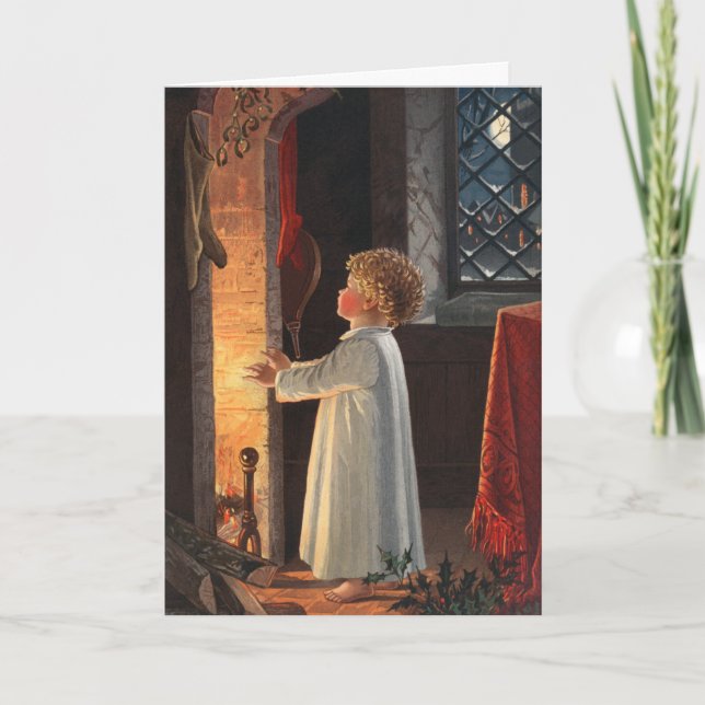 Vintage Little Girl by Fireplace Christmas Card (Front)