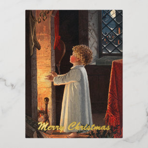 Vintage Little Girl by Fireplace Christmas Gold Foil Holiday Postcard