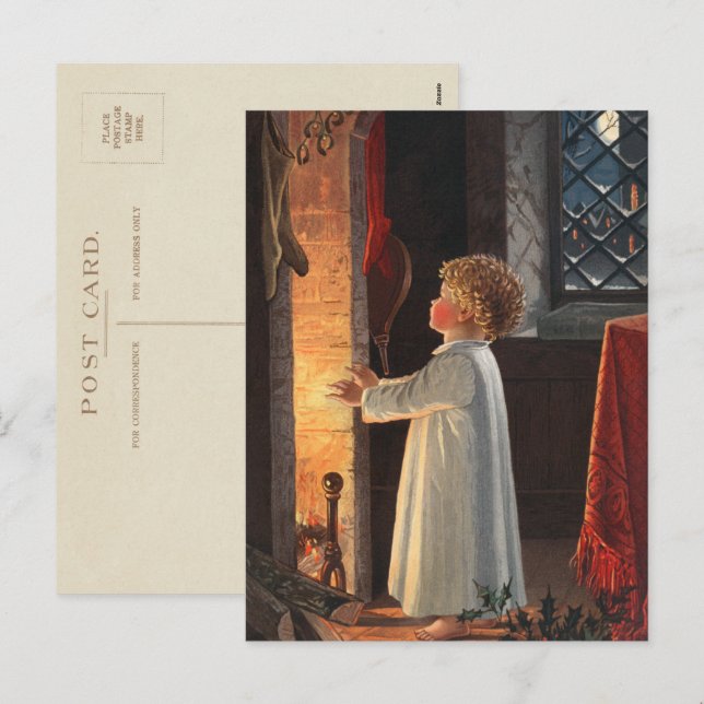 Vintage Little Girl by Fireplace Christmas Holiday Postcard (Front/Back)