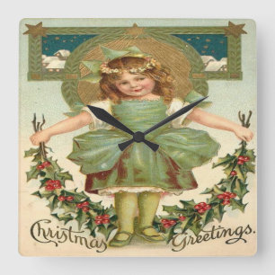 Vintage Little Girl Christmas Greeting Square Wall Clock